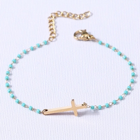 NWT Sideways Cross Beaded Bracelet Gold +Teal Blue - Picture 1 of 8